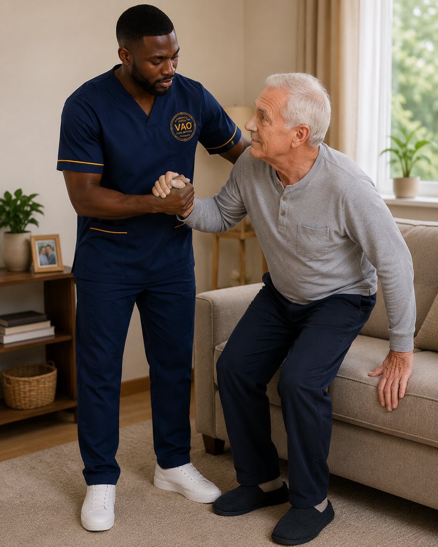 A VAO Care Services worker in navy uniform supporting an older man as he stands up from his sofa at home.