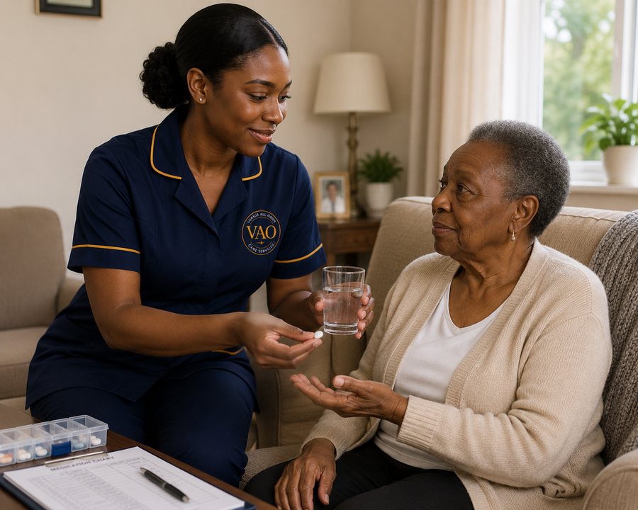 A VAO Care Services worker in navy uniform helping a client with her medication and a glass of water at home.